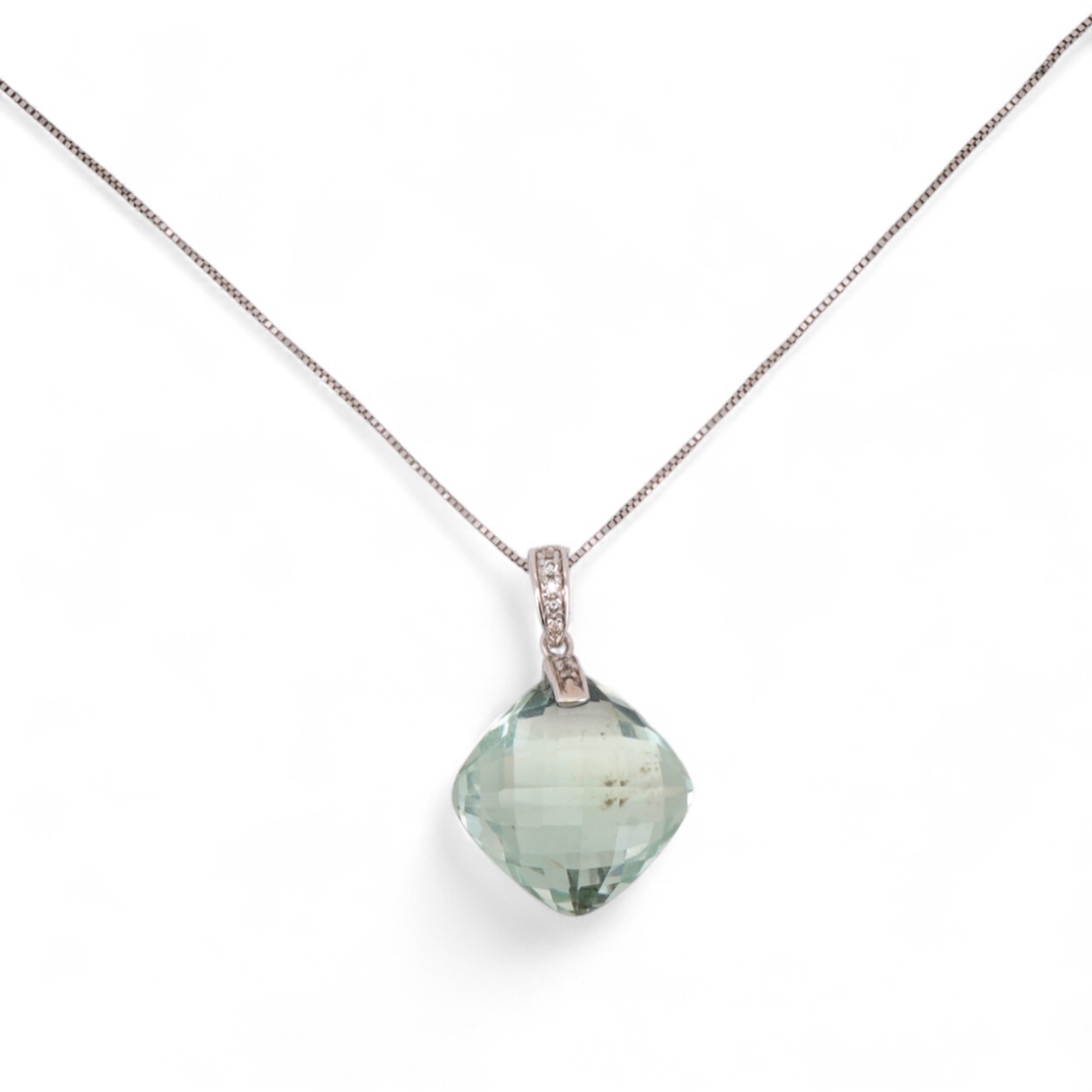 A prasiolite and diamond pendant, the diamond-set bail suspending a cushion-shaped chequerboard-cut prasiolite, to a fine link chain, mounted in 14ct gold, pendant length 2.5cm, chain length 46cm, British hallmarks, gros